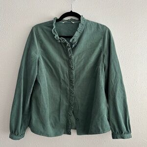 Tu Woman Green Corduroy Ruffle Neck Button Up Top